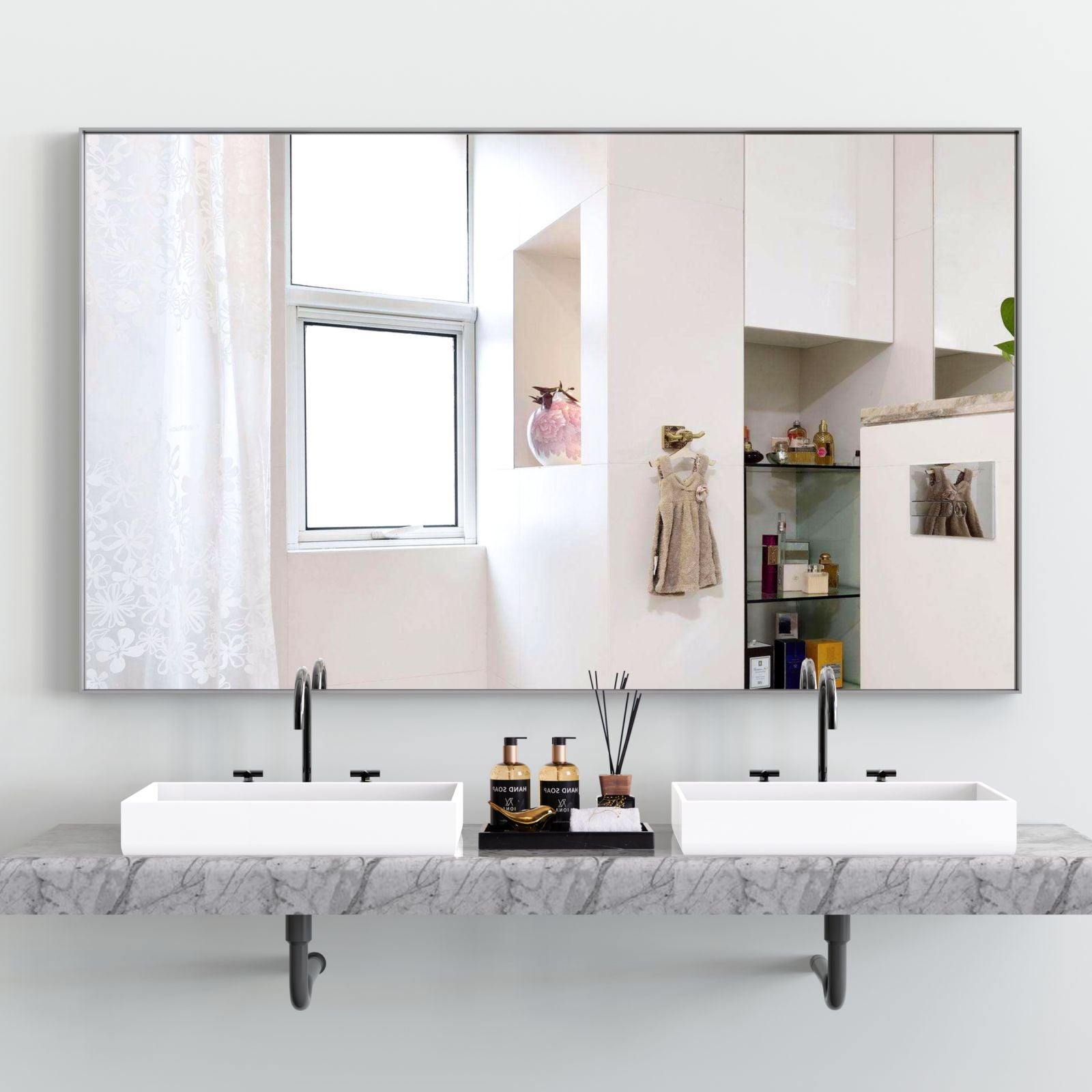 60x36 Inch Modern Decorative Rectangle Bathroom Mirror with Silver Aluminum Frame