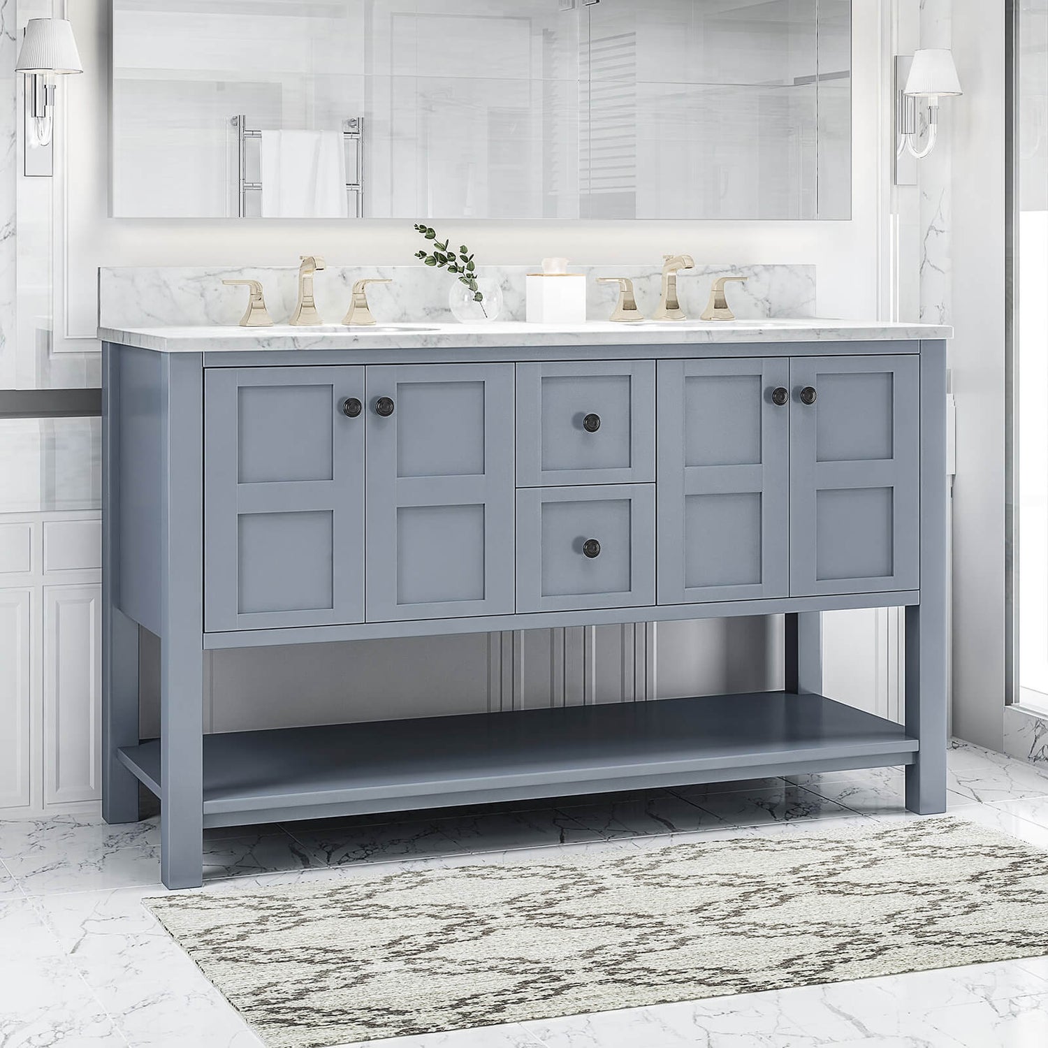 61 Blue Gray Bathroom Vanity with Marble Top and Open Shelf