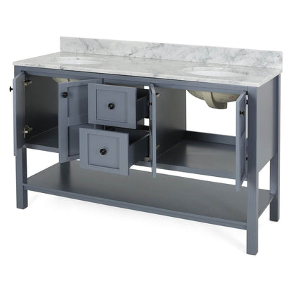 61 Blue Gray Vanity with Carrara Marble Top and Storage Shelf