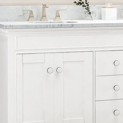 61 White Double Sink Vanity with Backsplash Round Handle Detail