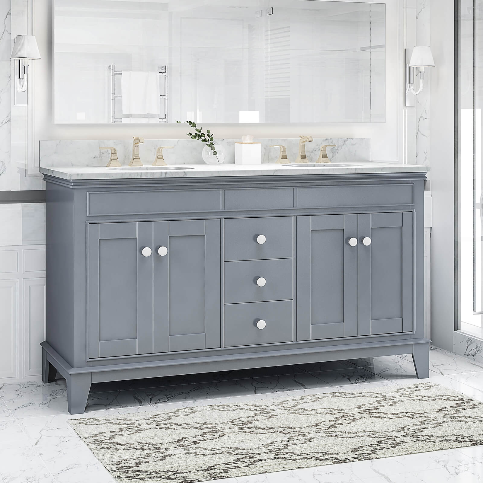 61 inch Blue Gray Double Sink Vanity with Backsplash