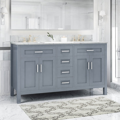 61 inch Blue Grey Freestanding Bathroom Vanity with Carrara Marble Top