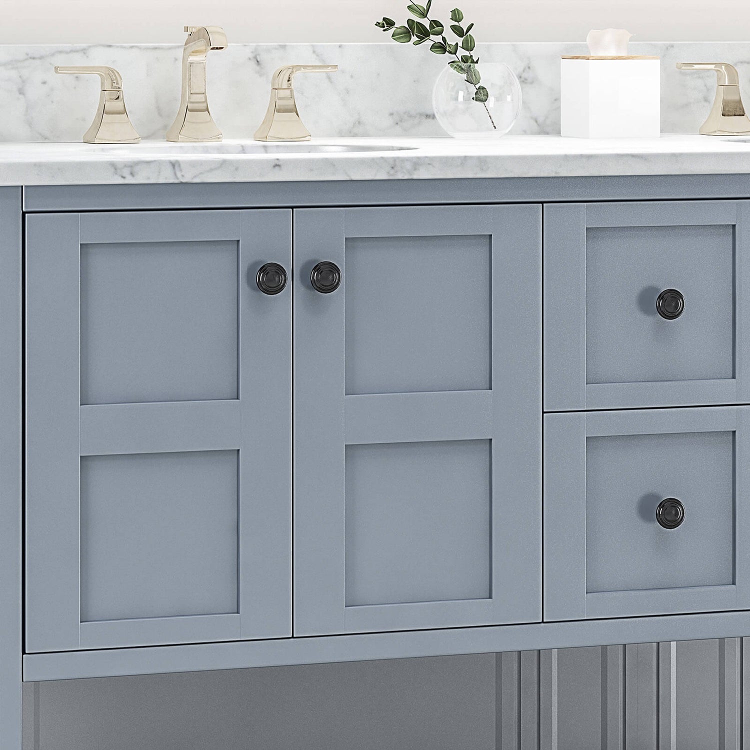 61 inch blue grey bathroom vanity with marble countertop and open shelving cabinet close up