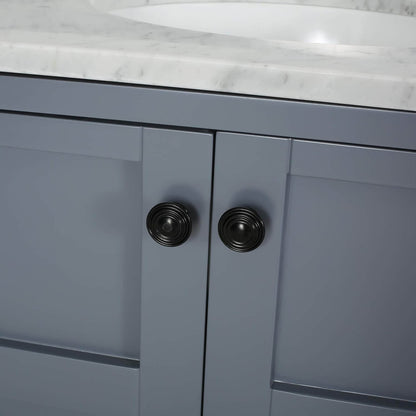 61 inch blue grey bathroom vanity with marble top and handle detail on open shelving