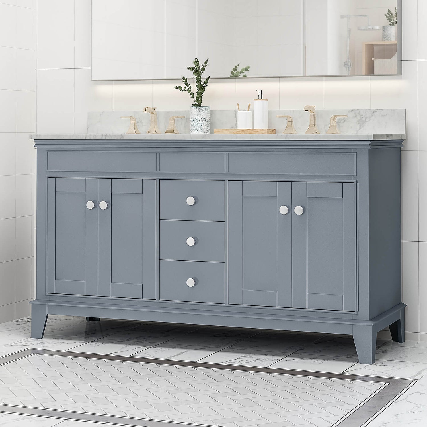 61 inch blue grey double sink vanity with elegant backsplash