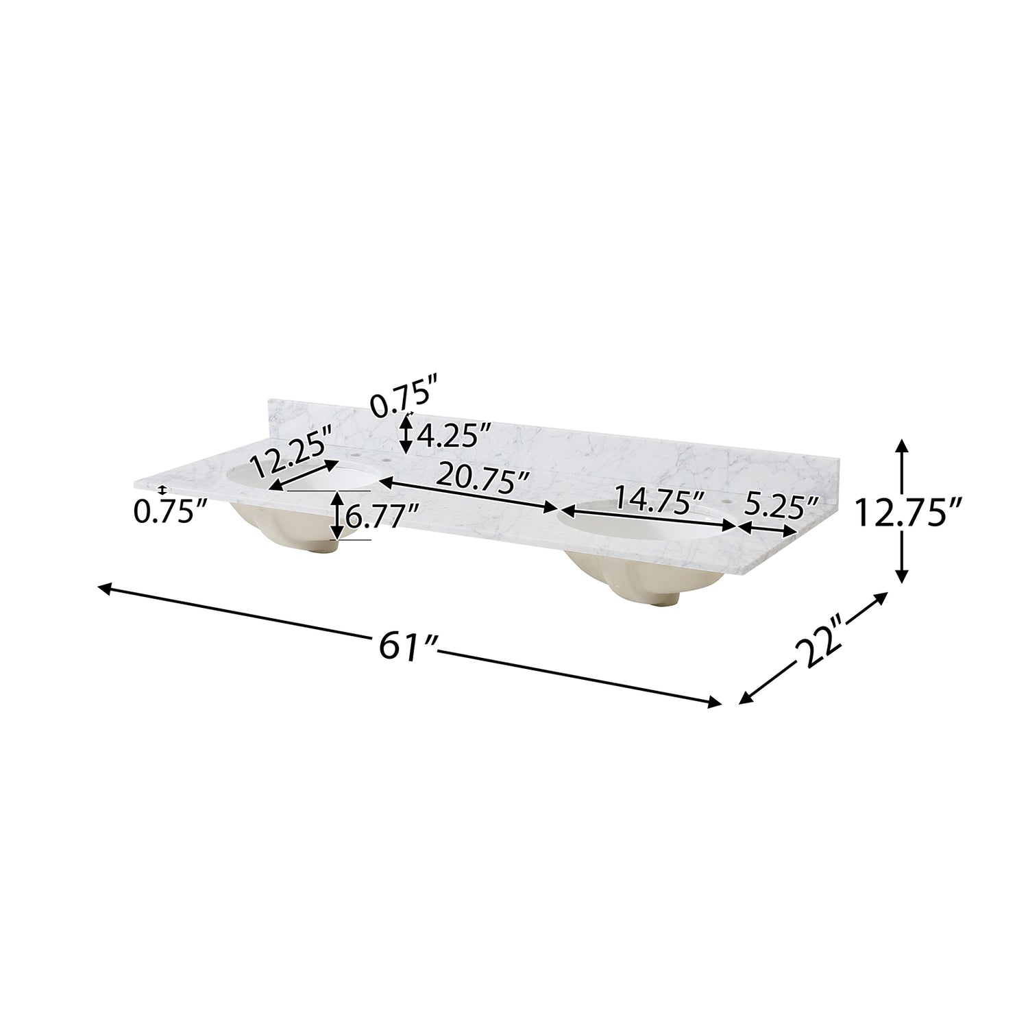 61 inch white freestanding bathroom vanity with marble countertop dimensions specifications