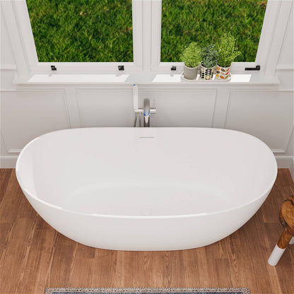 63 inch Stone Resin Center Drain Freestanding Soaking Bathtub with Pop-up