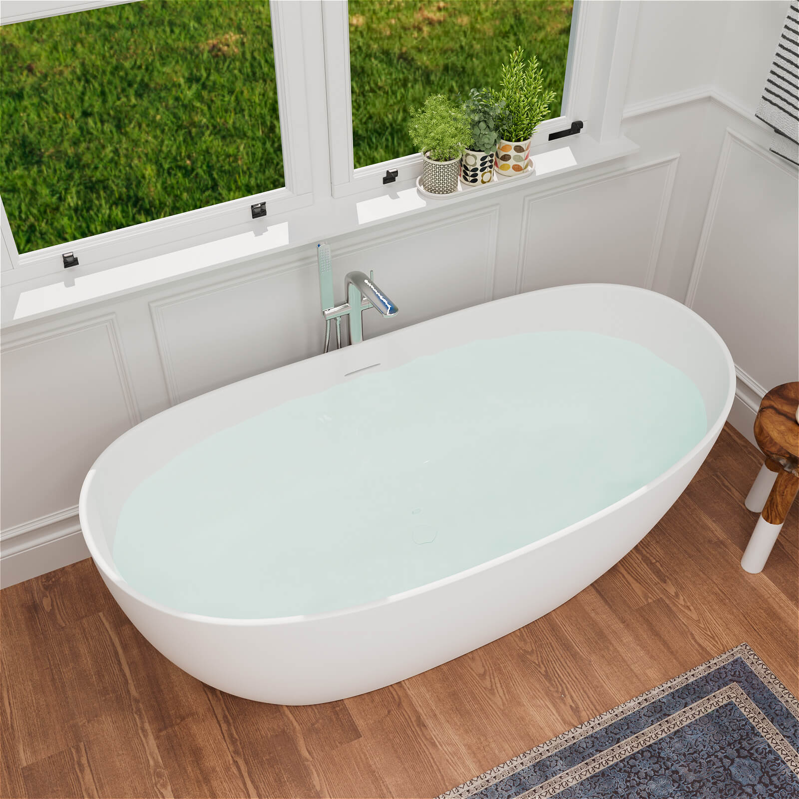 63&quot; Stone Resin Double Slipper Tub Center Drain Freestanding Soaking Bathtub