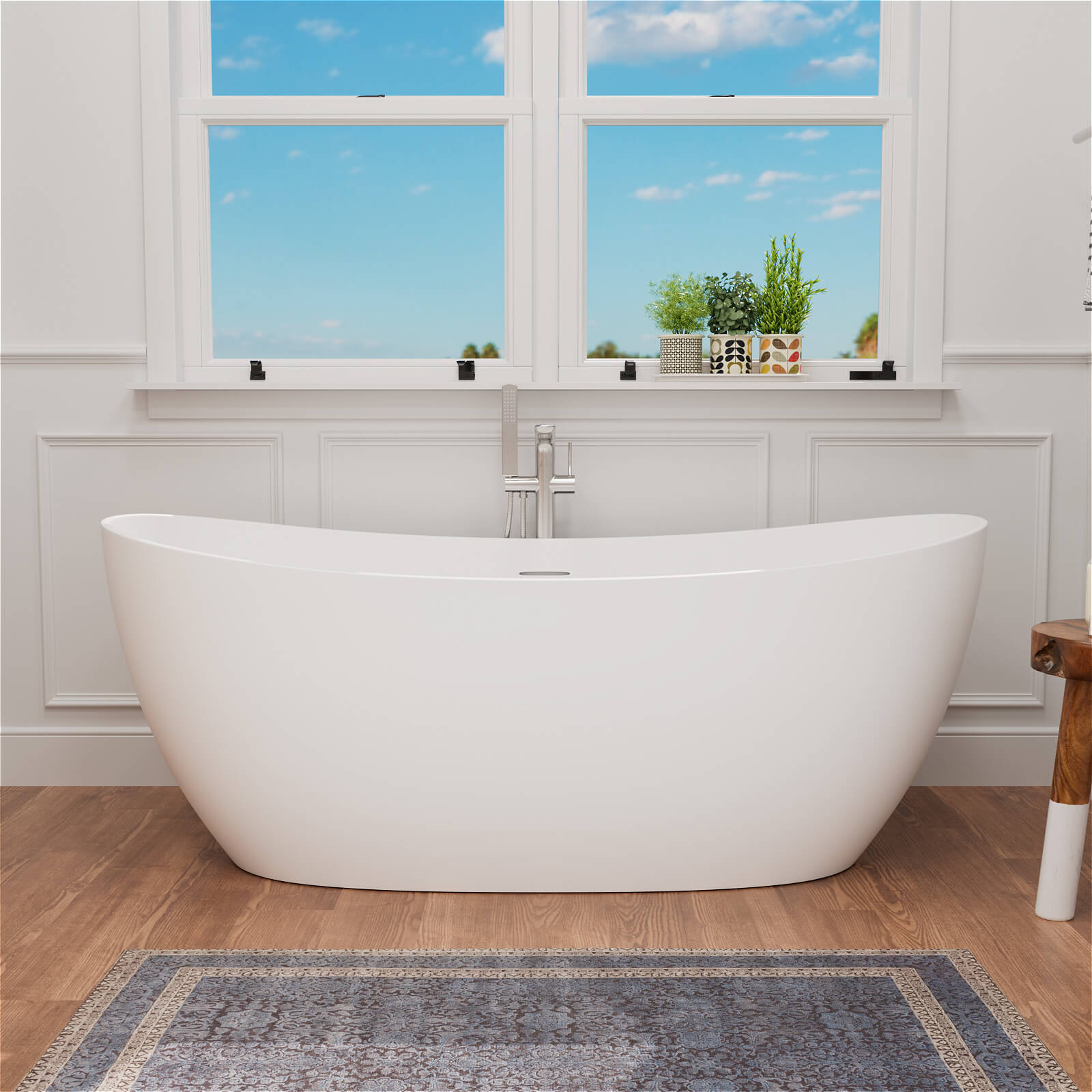 63 inch Stone Resin Double Slipper Tub Center Drain Freestanding Soaking Bathtub