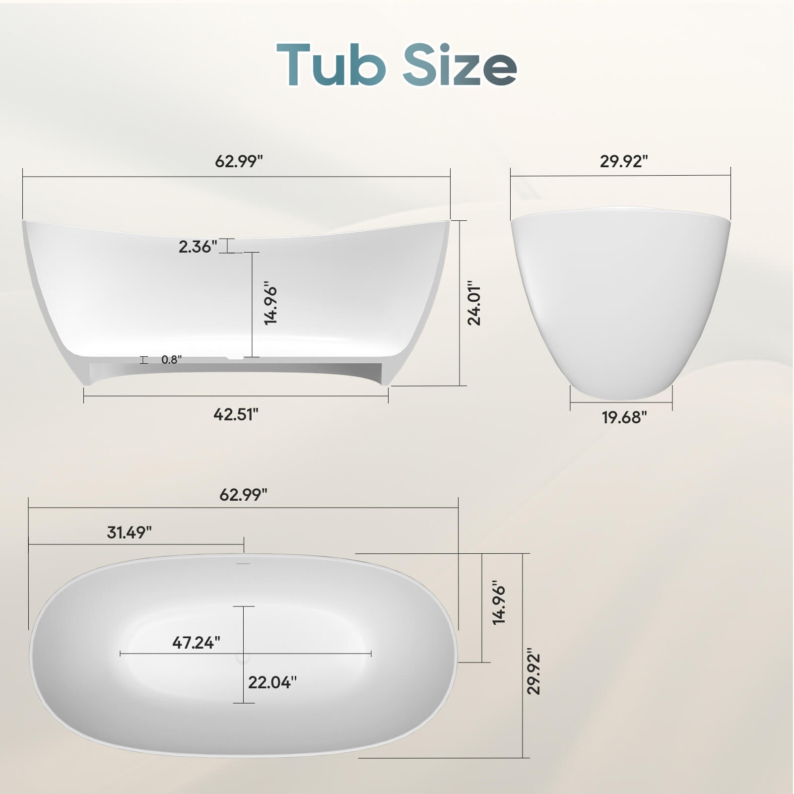 63&quot; Stone Resin Double Slipper Tub Center Drain Freestanding Soaking Bathtub