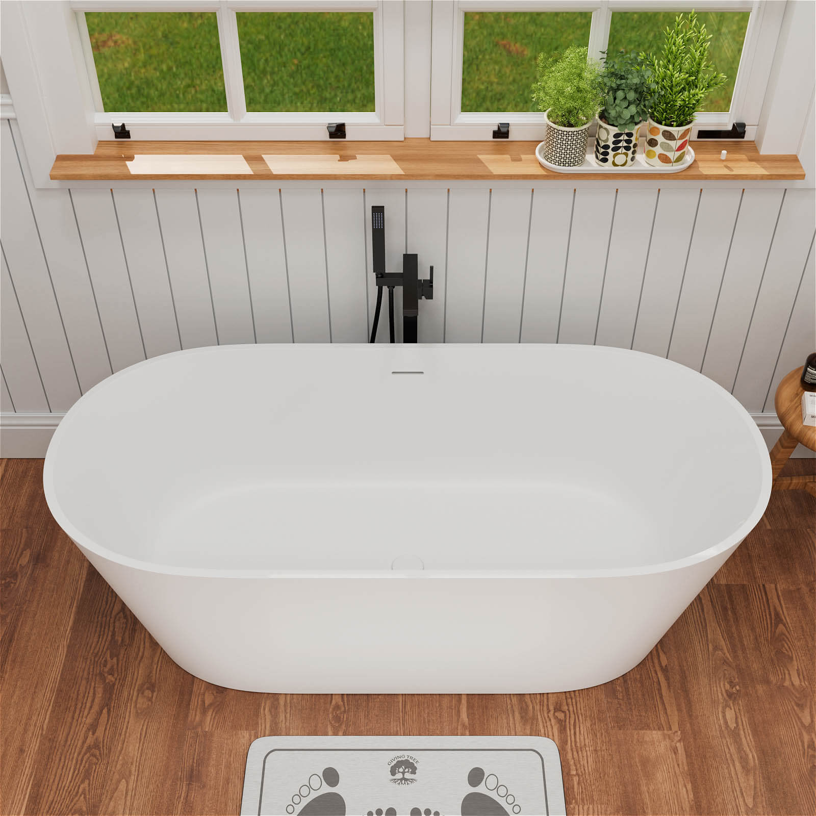 65&quot; Stone Resin Bathtub Oval-shaped Solid Surface Stand Alone Tub with Pop-up Drain