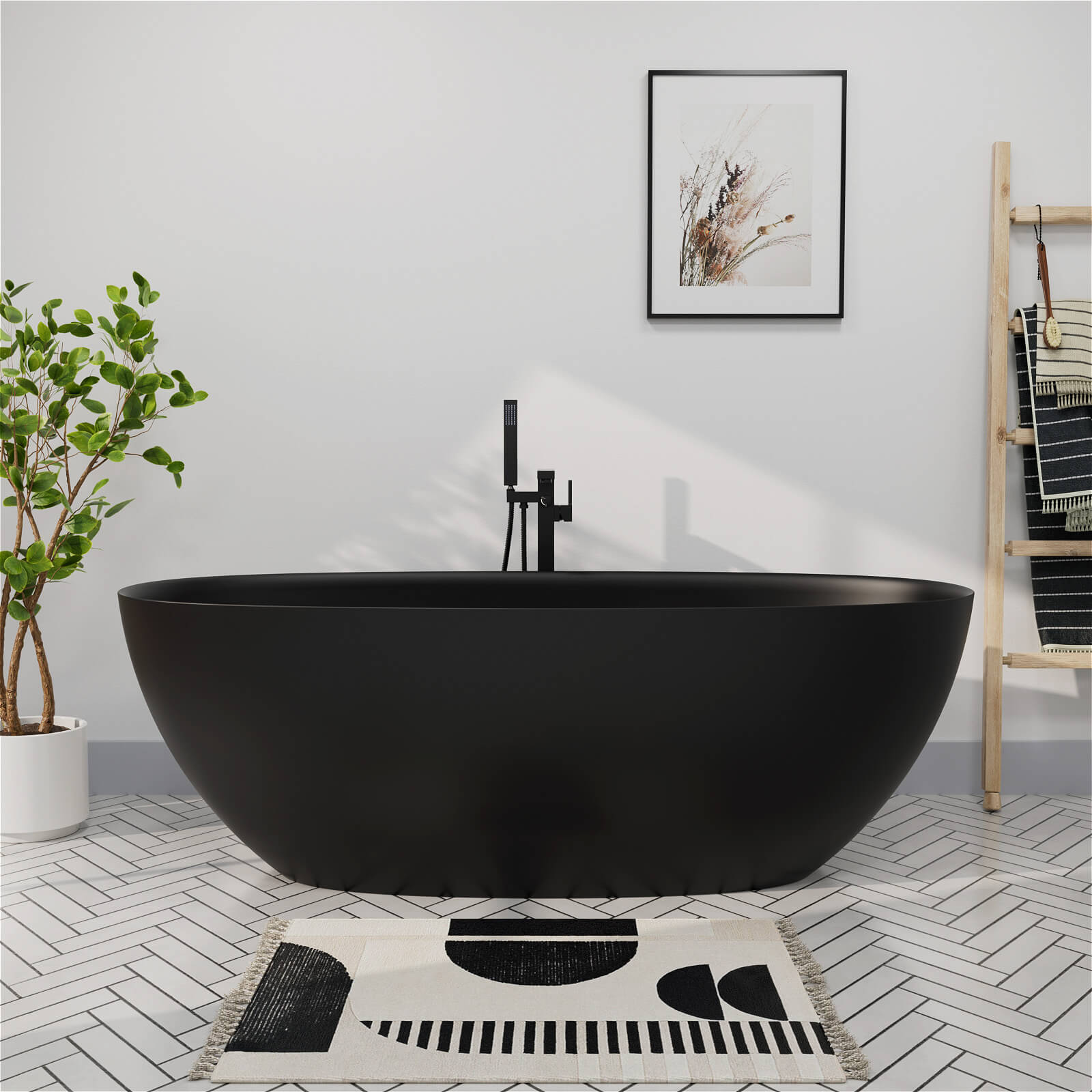 65'' Solid Surface Stone Resin Modern Oval Shaped Freestanding Soaking Bathtub with Overflow