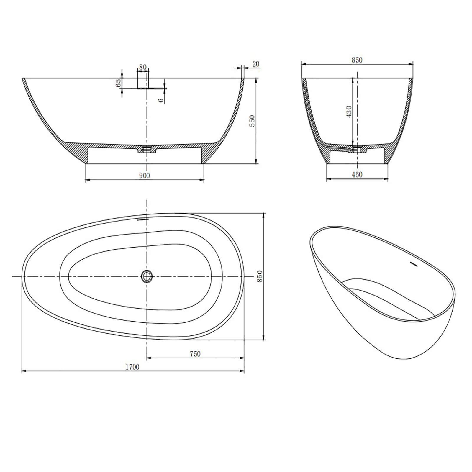 66 in Matte White Egg Shape Solid Surface Bathtub Dimensions Outline