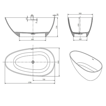 66 in Matte White Egg Shape Solid Surface Bathtub Dimensions Outline