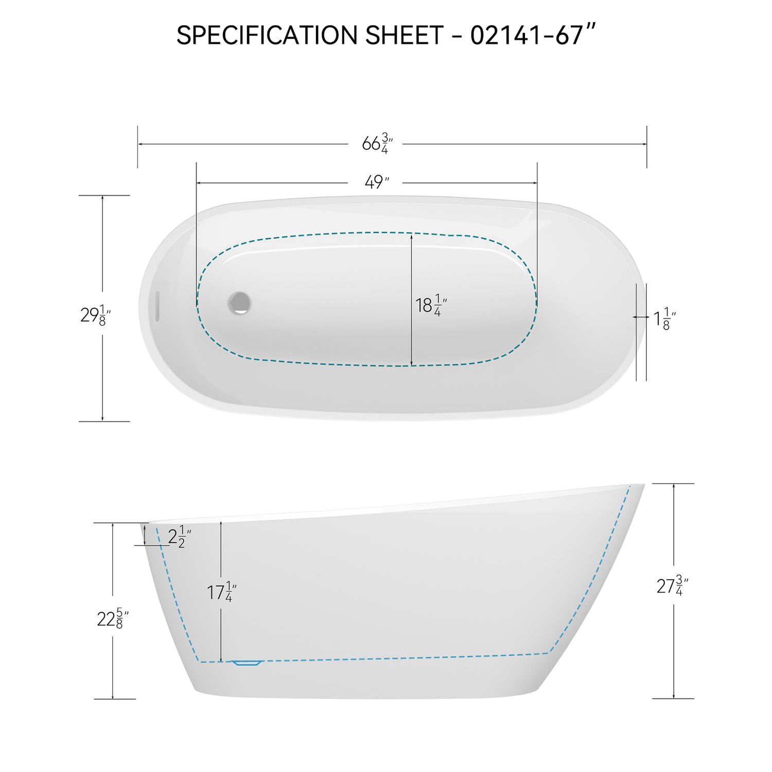 67 inch Ergonomic Single Slipper Acrylic Bathtub Dimensions Outline