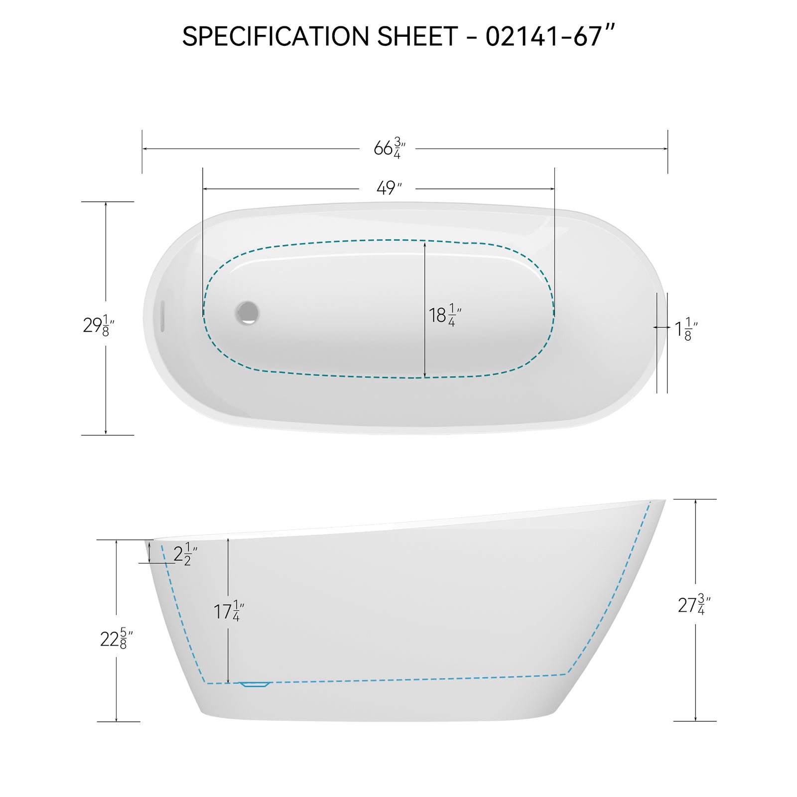 67 inch Ergonomic Single Slipper Acrylic Bathtub Dimensions Outline