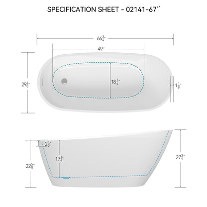 67 inch Ergonomic Single Slipper Acrylic Bathtub Dimensions Outline