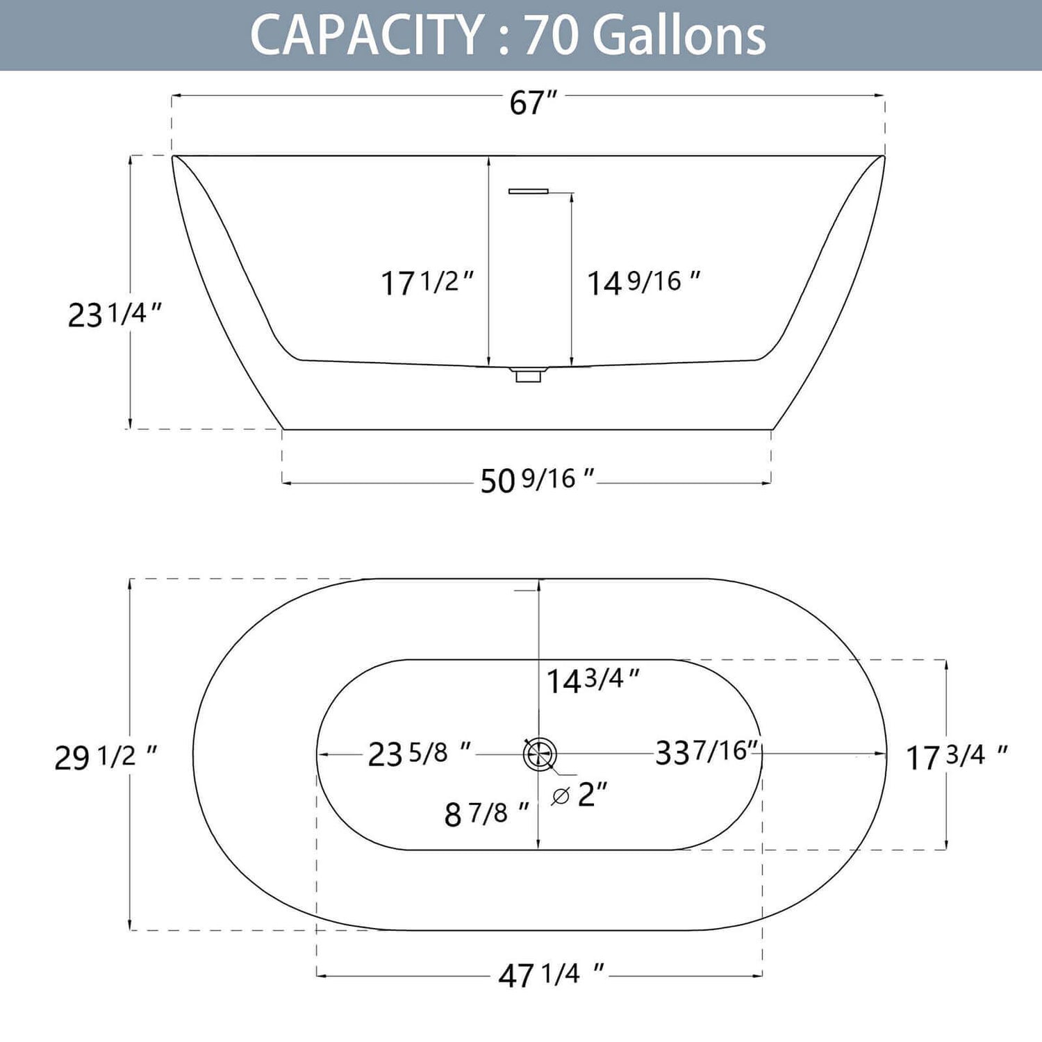 67 inch Large Oval Acrylic Soaking Tub Outline Dimensions Drawing