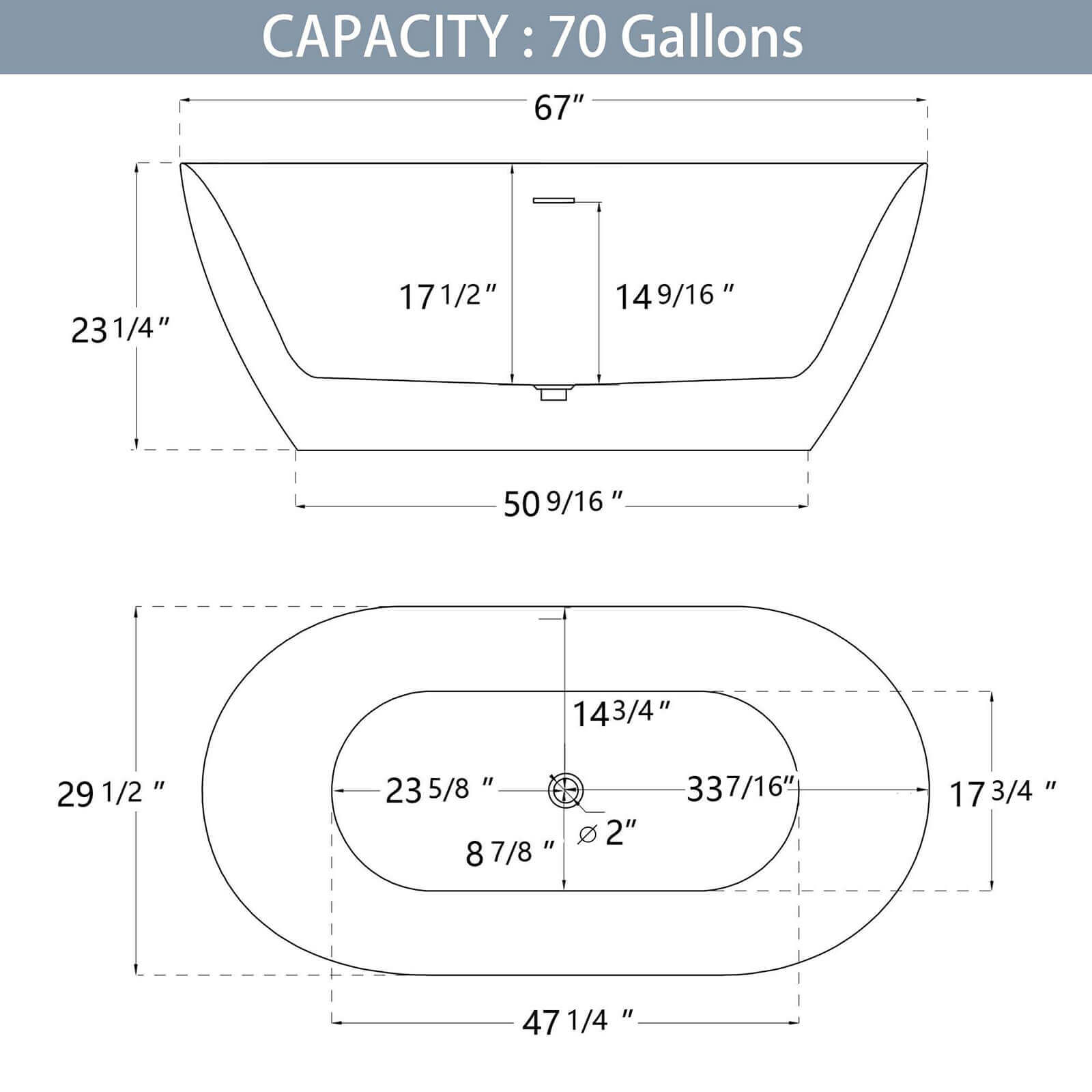 67 inch Large Oval Acrylic Soaking Tub Outline Dimensions Drawing