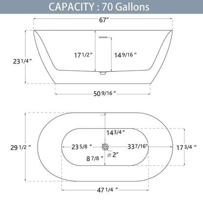 67 inch Large Oval Acrylic Soaking Tub Outline Dimensions Drawing