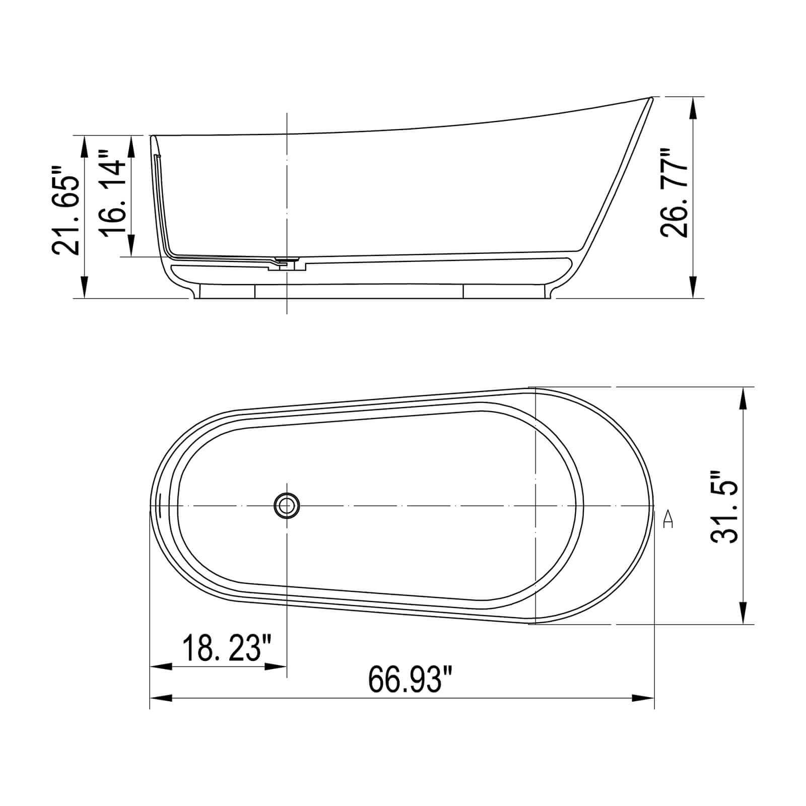 67 inch Matte White Slipper Freestanding Tub Dimensions Outline