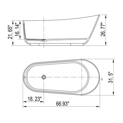 67 inch Matte White Slipper Freestanding Tub Dimensions Outline