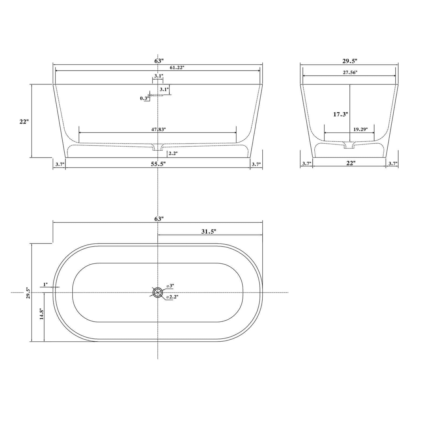 67 inch Pine Grain Artificial Stone Bathtub Dimensions Outline