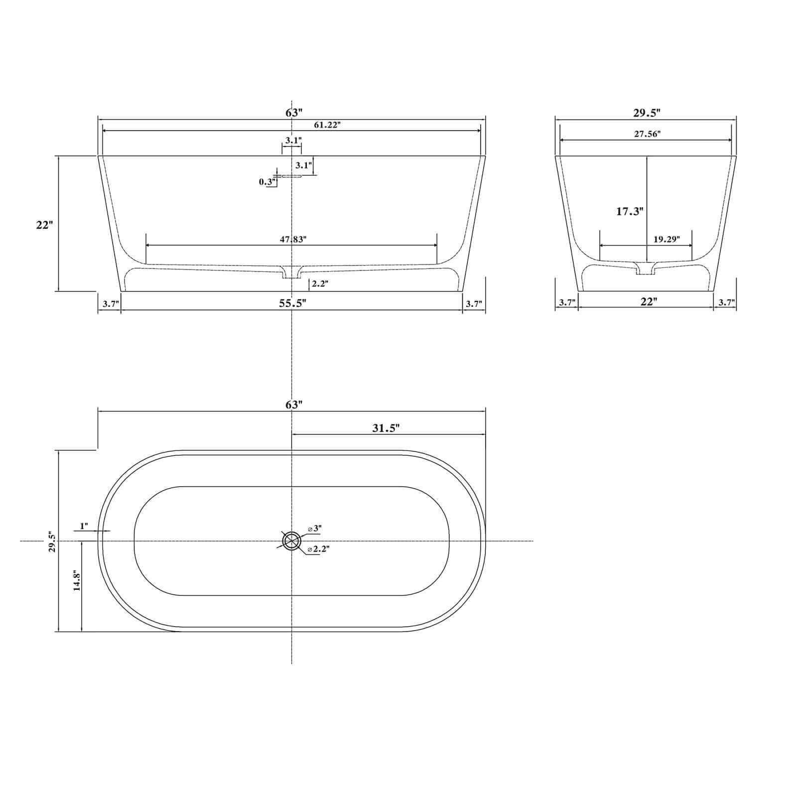 67 inch Pine Grain Artificial Stone Bathtub Dimensions Outline