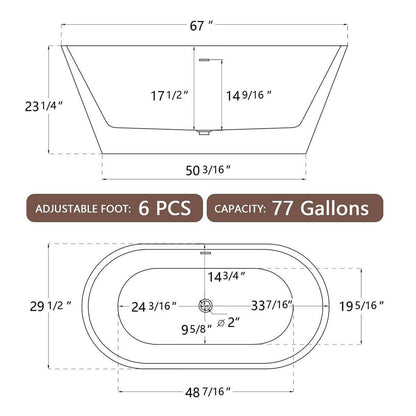 67-inch flat bottom acrylic bathtub outline size chart