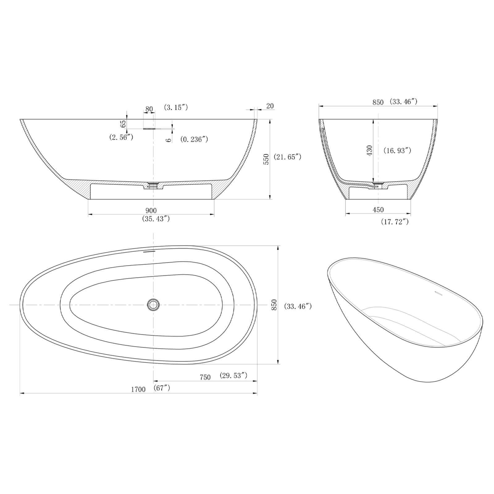 67&quot; Concrete Industrial-Style Bathtub with Artistic Patterns Dimensions