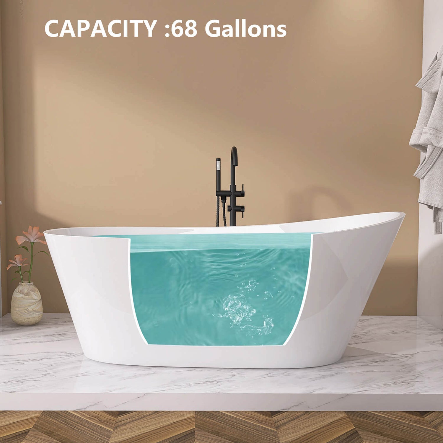 68 Gallon 59 Inch Acrylic Single Slipper Tub Overflow