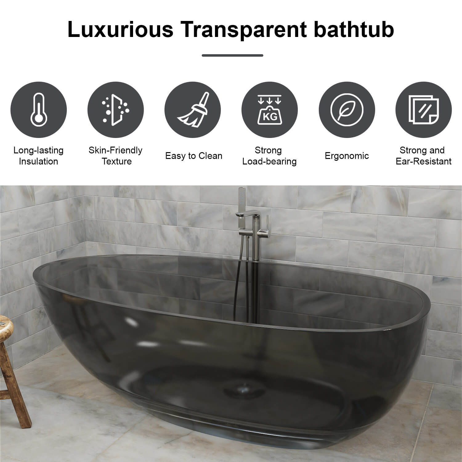 63&quot; Modern Art Resin Tub, Gray Transparent Egg Shape Freestanding Soaking Bathtub for Hotels