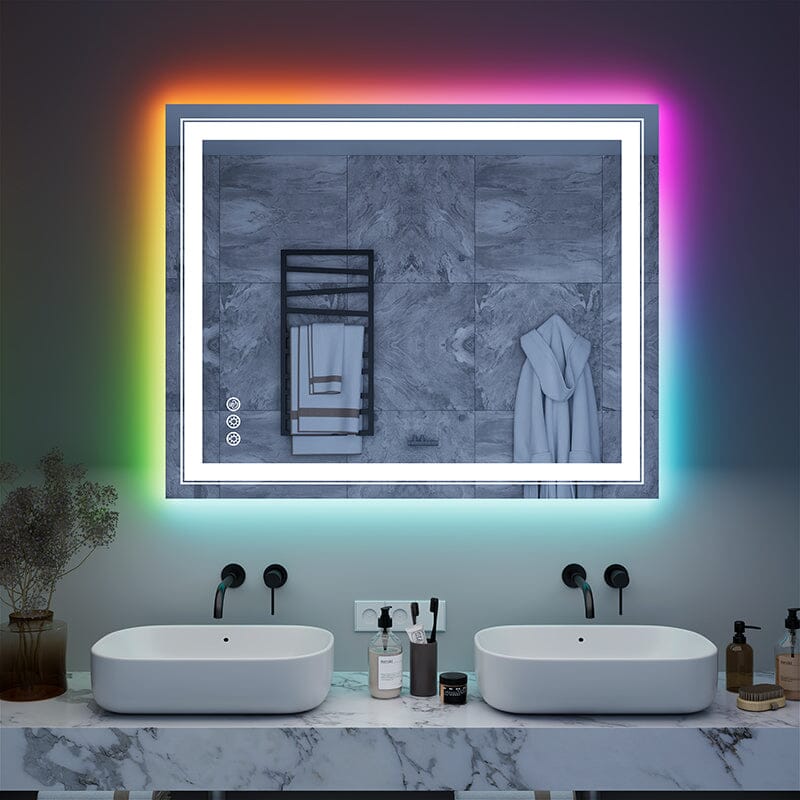 RGB LED Light Bathroom Vanity Mirror Rectangular Frameless Anti Fog