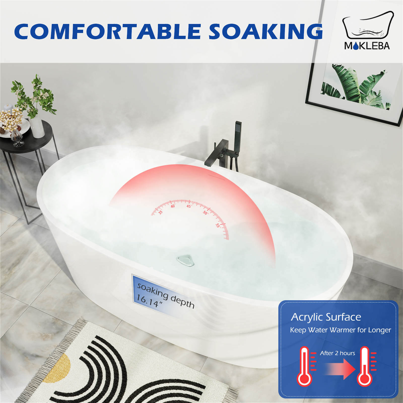 Mokleba 63&quot; Acrylic Modern Bathtub Oval Shape Freestanding Soaking Tub