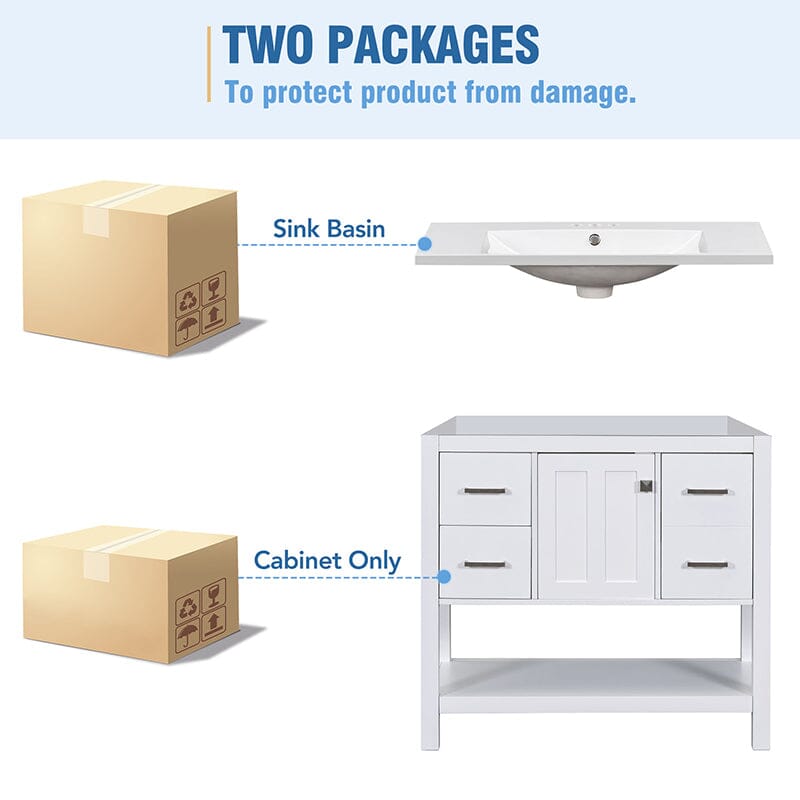 36-Inch Freestanding Drawer Bathroom Vanity with Resin Sink and USB Charging