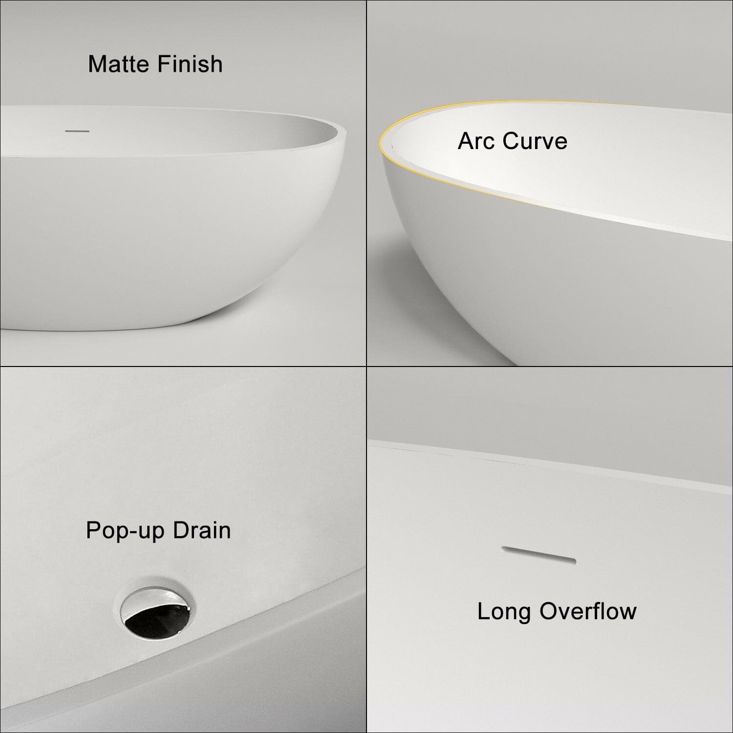 65&quot; Modern Oval Tub Solid Surface Stone Resin Freestanding Soaking Bathtub with Tub Tray