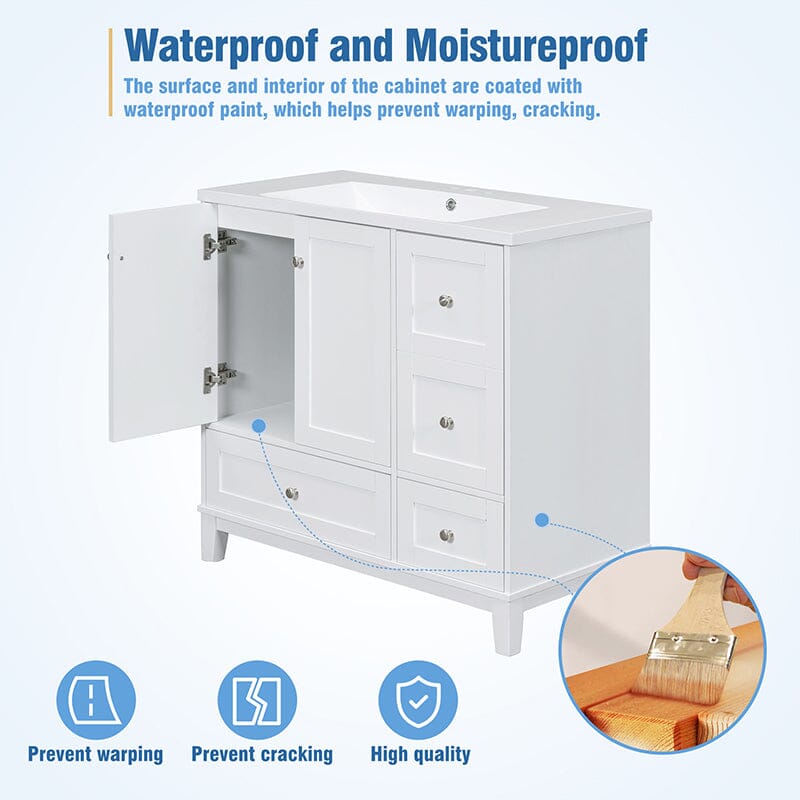 36-Inch Freestanding Drawer Bathroom Vanity with USB Charging and Single Sink