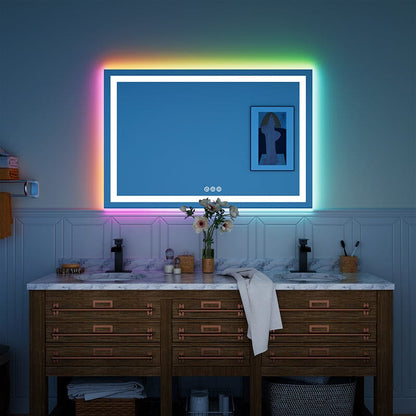 RGB LED Light Bathroom Vanity Mirror Rectangular Frameless Anti Fog