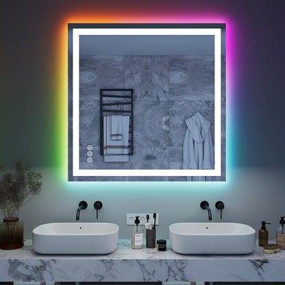 RGB LED Light Bathroom Vanity Mirror Rectangular Frameless Anti Fog