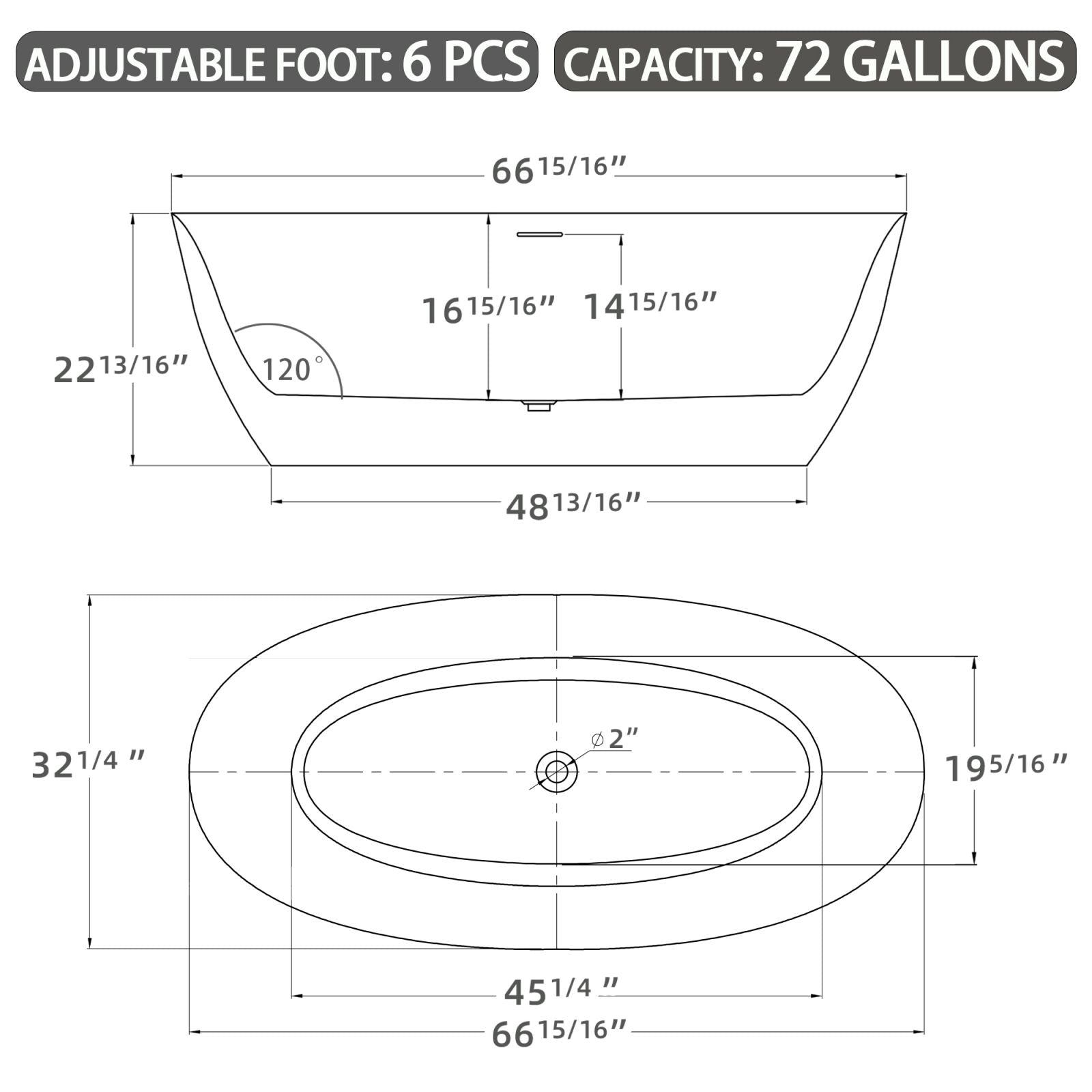 Dimensional outline of 67&quot; glossy white oval acrylic freestanding tub