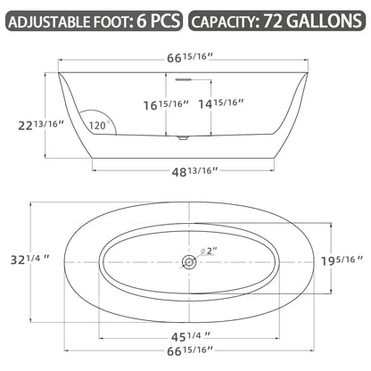 Dimensional outline of 67&quot; glossy white oval acrylic freestanding tub