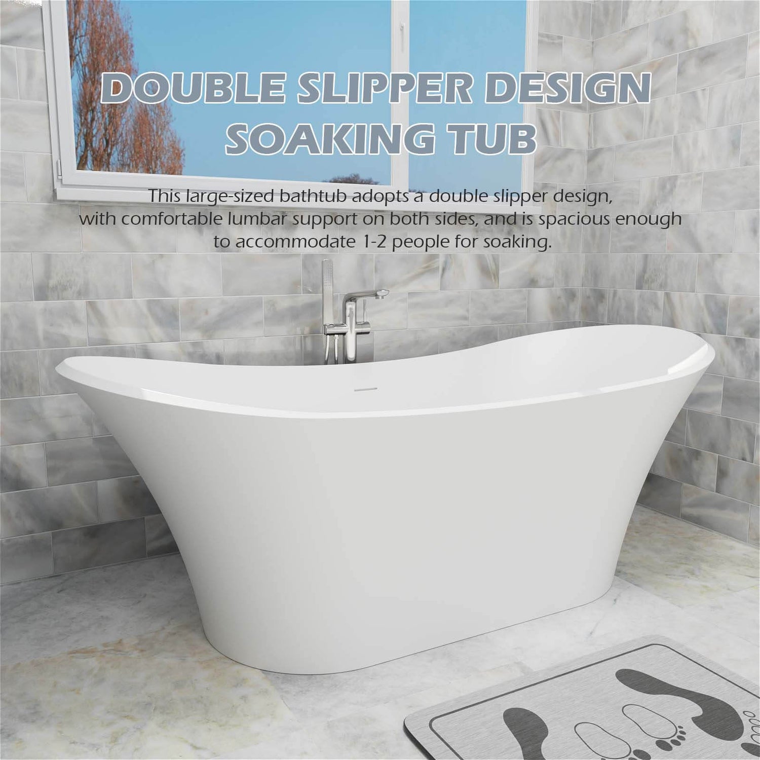 70&quot; Double Slipper Tub Solid Surface Stone Resin Freestanding Soaking Bathtub