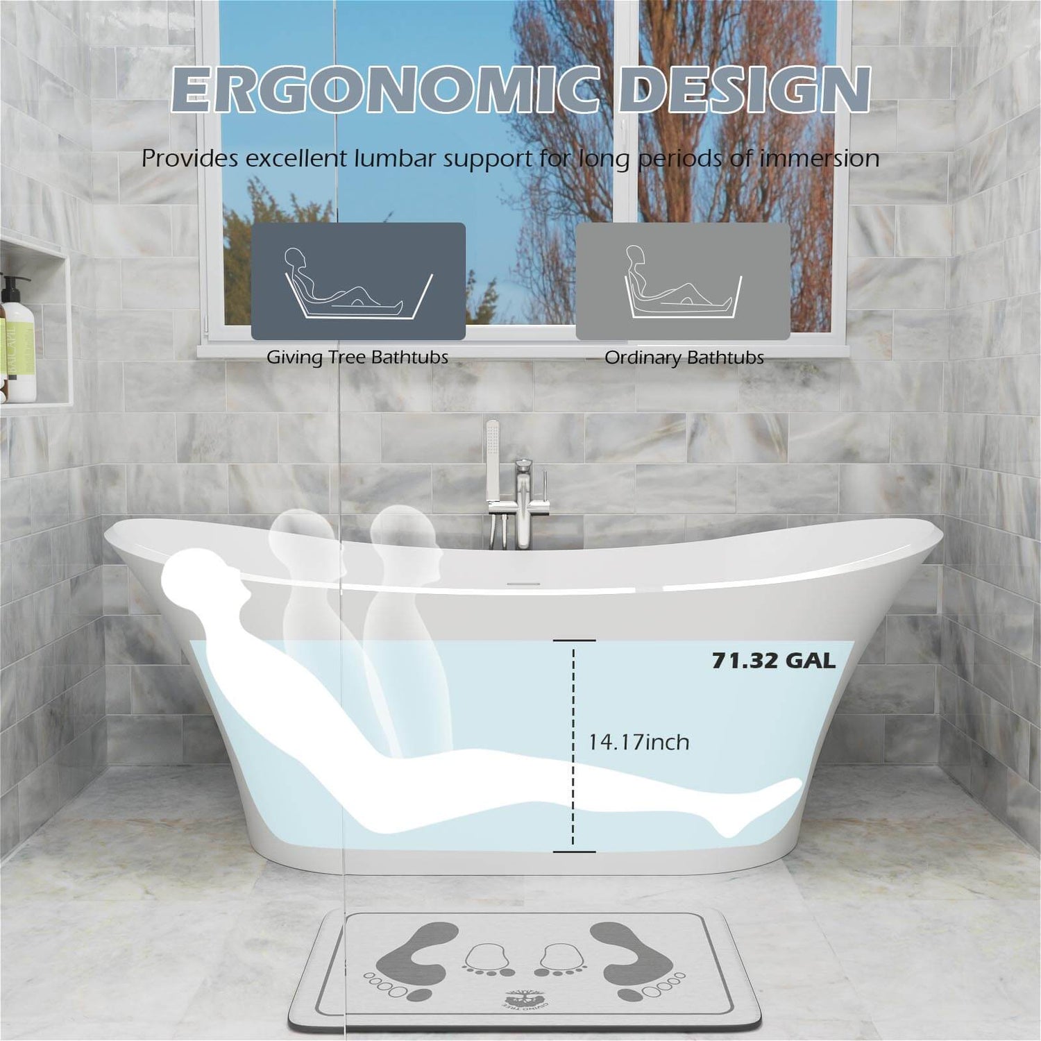 70&quot; Double Slipper Tub Solid Surface Stone Resin Freestanding Soaking Bathtub