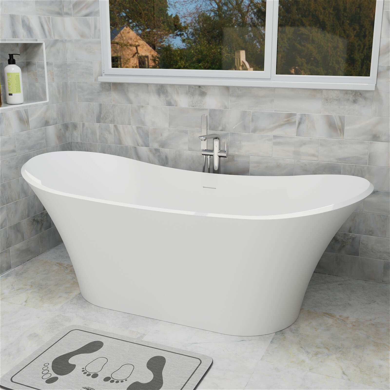 70&quot; Double Slipper Tub Solid Surface Stone Resin Freestanding Soaking Bathtub