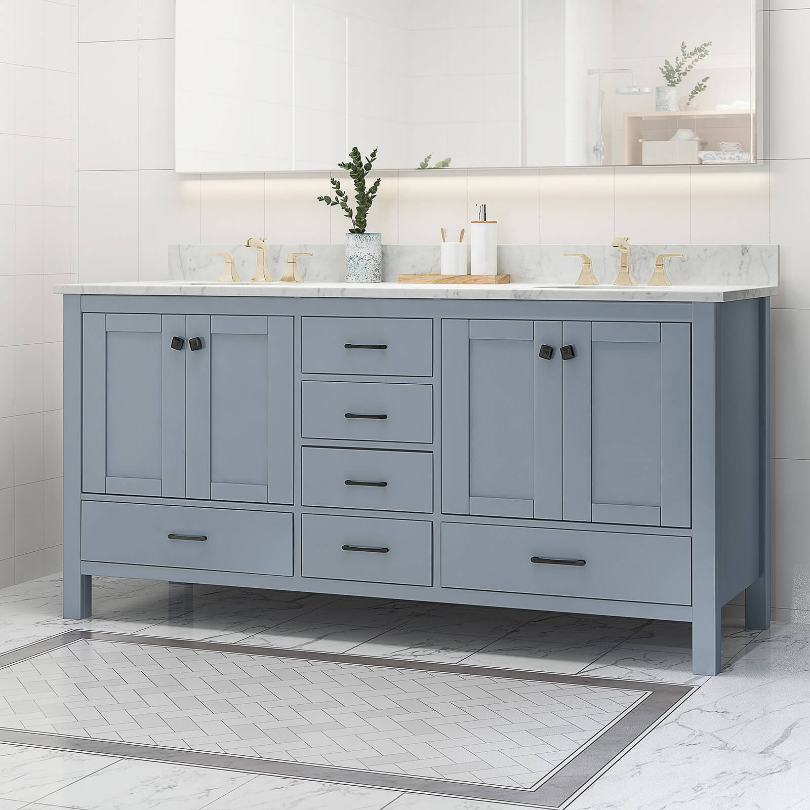 73 inch Grey Poplar Wood Bathroom Vanity with 6 Drawers and Marble Countertop