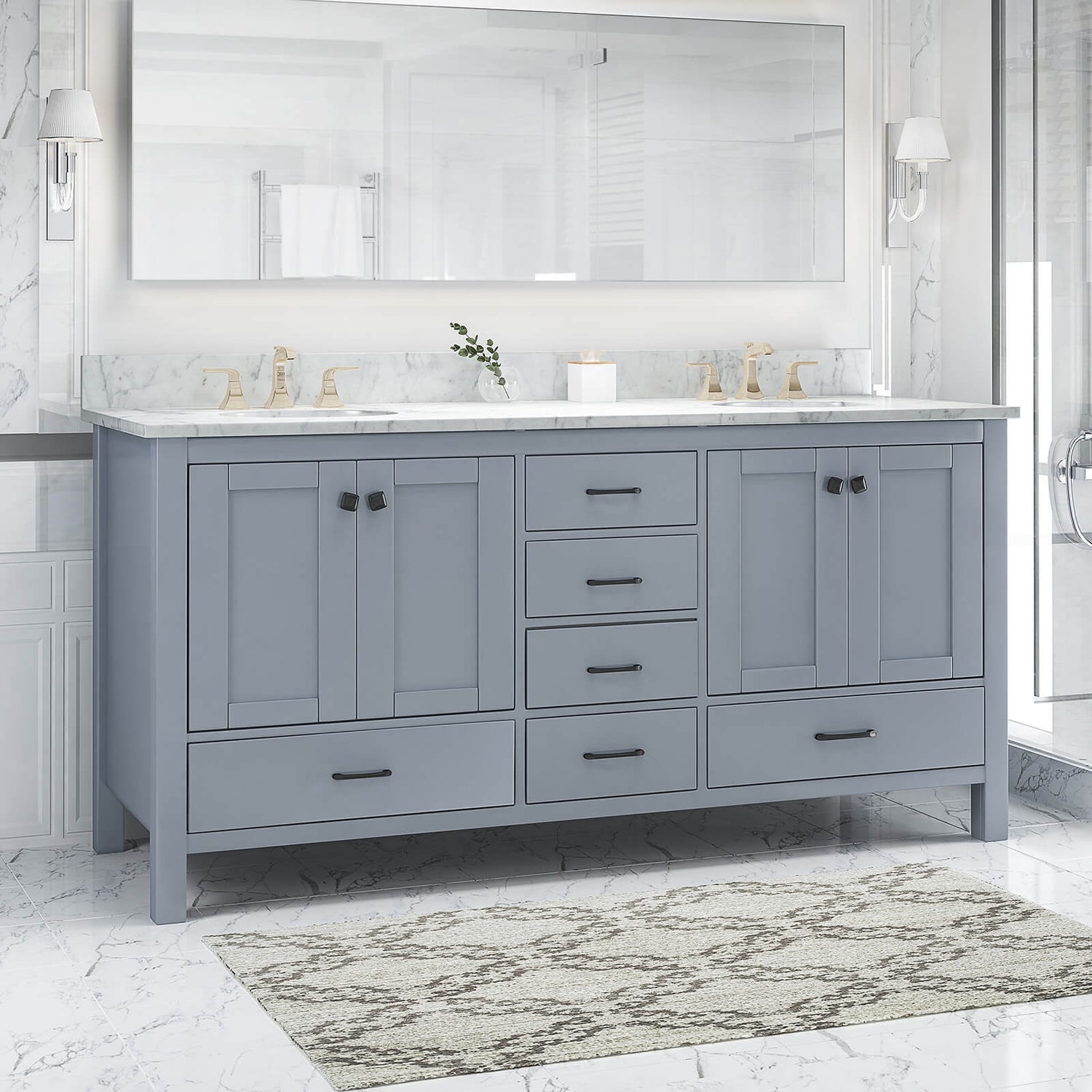 73 inch Grey Poplar Wood Bathroom Vanity with 6 Drawers