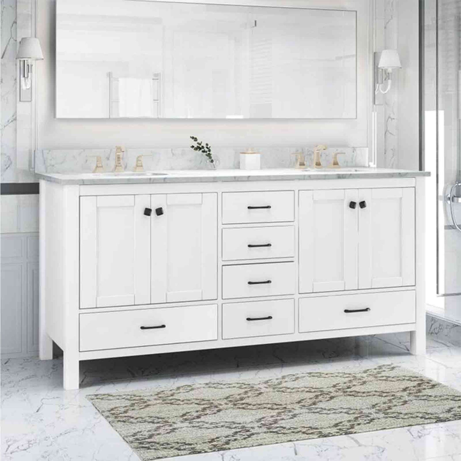 73 inch White Poplar Wood Bathroom Vanity with 6 Drawers