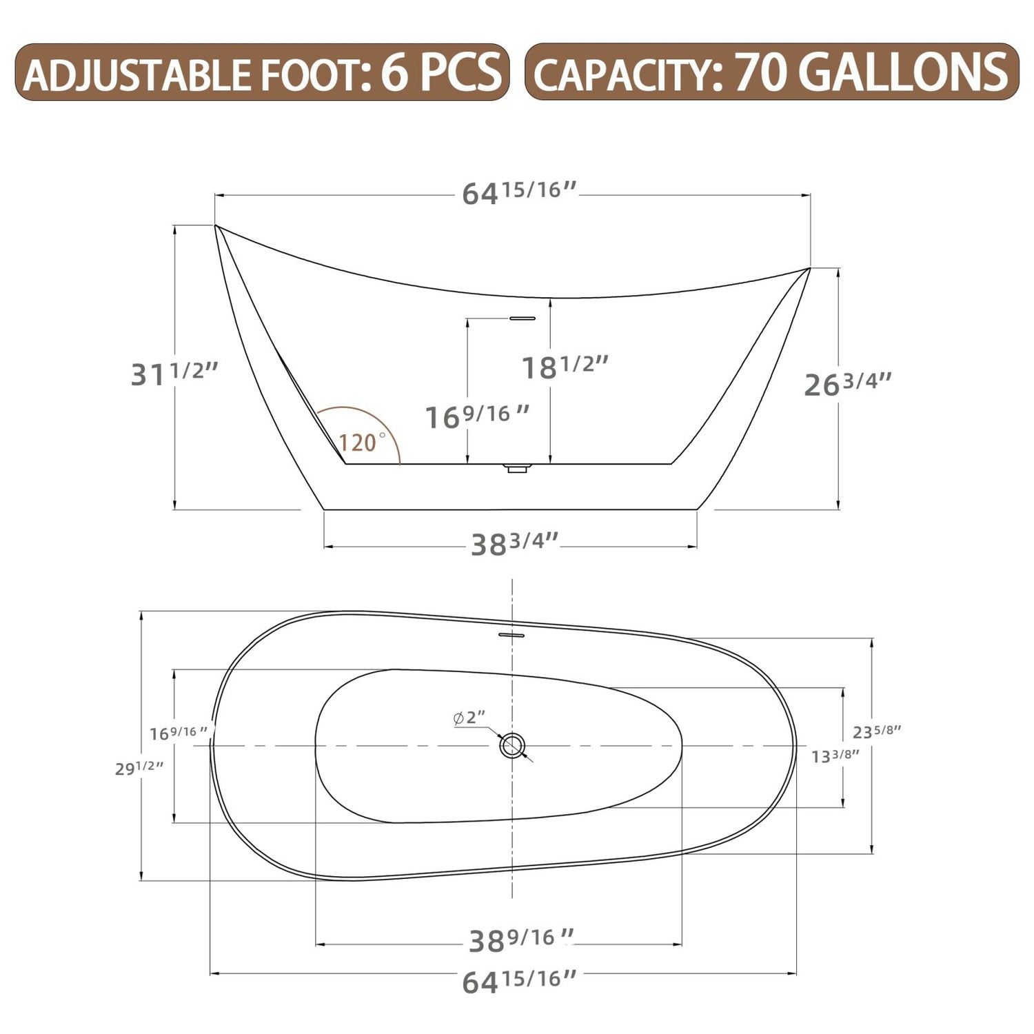 Dimensional outline drawing of 65&quot; acrylic reclining slipper tub