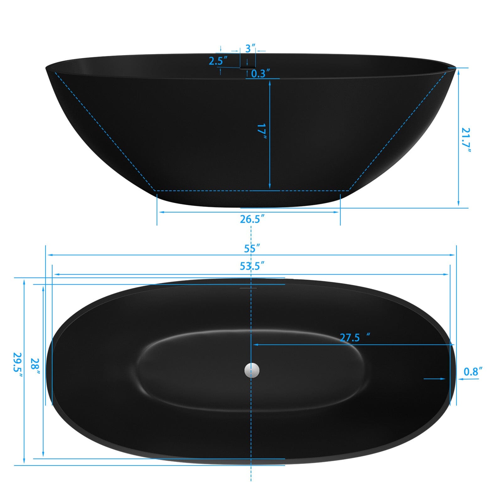 55&quot; Solid Surface Stone Resin Oval-shaped Freestanding Soaking Bathtub with Overflow