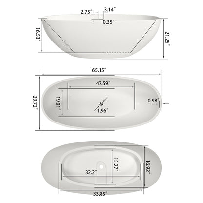 65&quot; Modern Oval Tub Solid Surface Stone Resin Freestanding Soaking Bathtub with Tub Tray